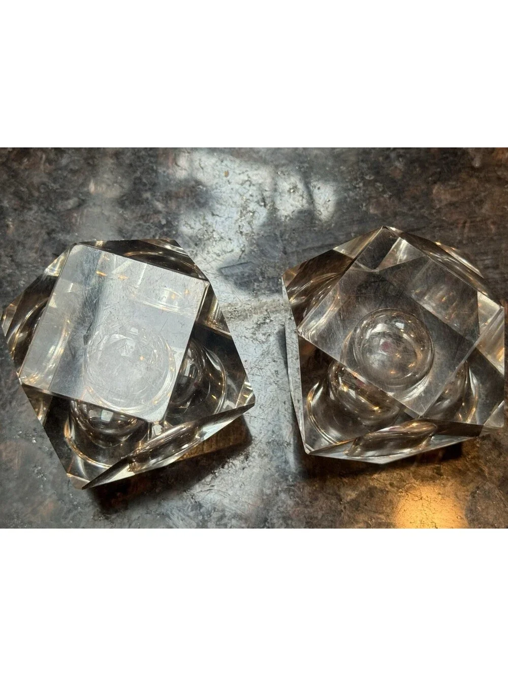 Vintage MCM Cut Crystal Taper Candle Holders Pair – 6‑Point Geometric Prism